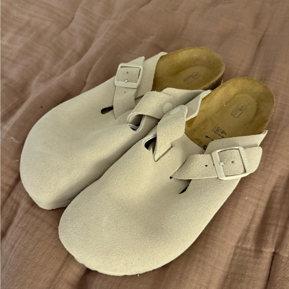 Cream Suede Buckle Clogs
